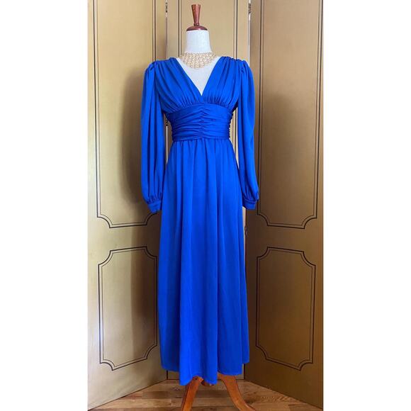 Vintage maxi dress with gathered waist in cobalt blue, size M - Picture 2 of 9